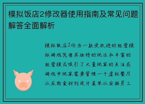 模拟饭店2修改器使用指南及常见问题解答全面解析