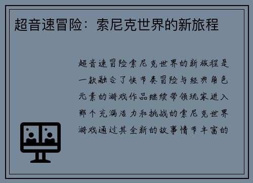 超音速冒险:索尼克世界的新旅程 超音速冒险:索尼克世界的新旅程